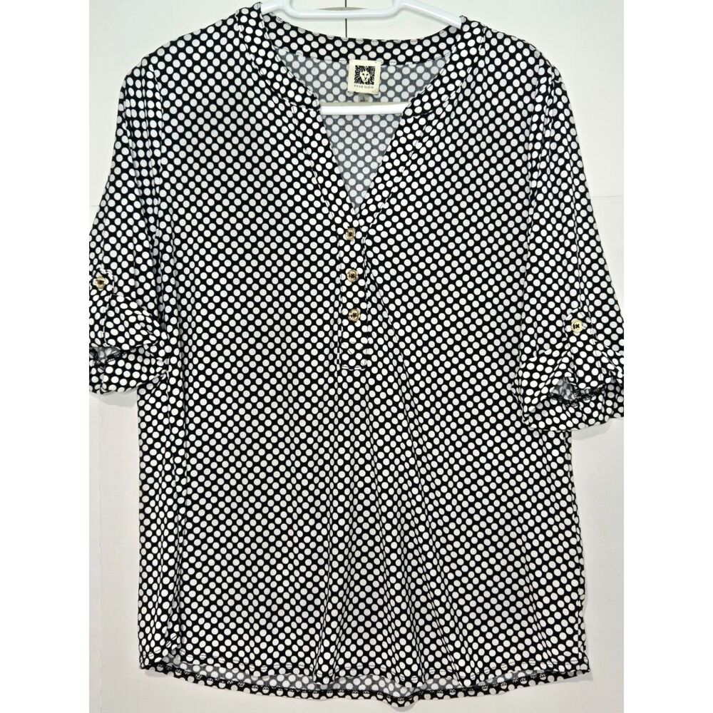 Anne Klein Polka Dot Split-Neck Blouse | Women's Size Large | Black & White